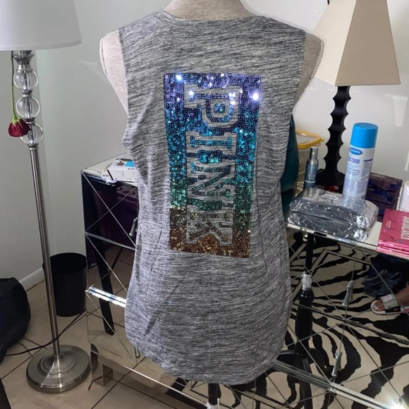 Pink VS heathered grey blinged out tank top Sz S - Picture 2 of 12